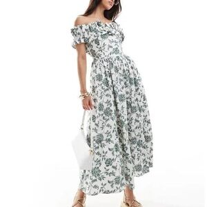 Abercrombie & Fitch White and Green Ruffled Off-Shoulder Maxi Dress